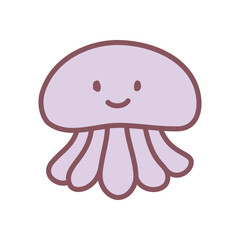 Cute jellyfish icon. Hand drawn illustration of a funny smiling medusa isolated on a white background. Kawaii sticker. Vector 10 EPS.