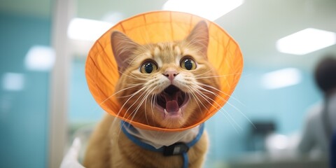 Happy cat in veterinary collar after operation -, concept of Cute feline