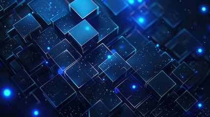 Abstract square pattern with lighting glowing particles square elements on dark blue background