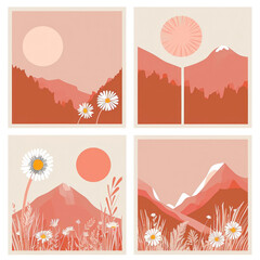 Mountain Landscape with Sun and Flowers in Various Colors Set of Four Illustrations