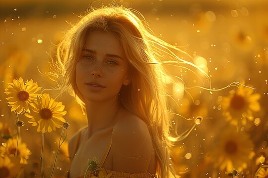 araffe woman in a field of sunflowers with her hair blowing in the wind, girl dancing in a flower field, flowing backlit hair