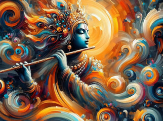 beautiful colorful abstract oil paint brush stroke art of god krishna with flute