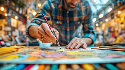 A man is painting on a canvas. He is wearing a plaid shirt and has a beard. The painting is colorful and abstract.