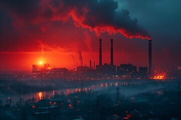 An evocative image showing a cityscape with factories under a fiery sky, a representation of pollution's effect on the environment