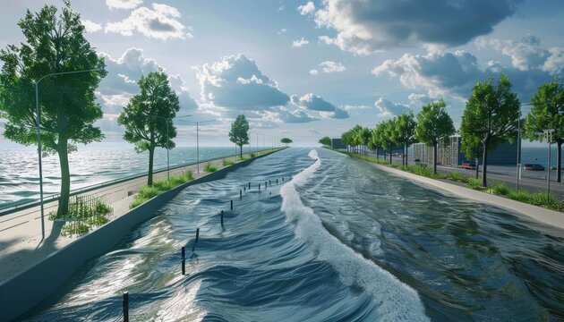 Flood defense systems, such as levees and storm surge barriers, are essential for protecting coastal communities from increasing sea levels and extreme weather conditions, science concept
