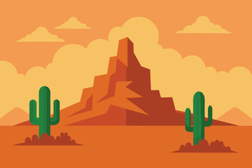 Desert landscape vector illustration. Scenery of rock desert with cactus and butte stone. Wild west desert panorama for illustration vector
