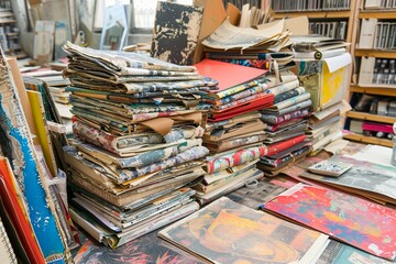 A messy stack of old books and magazines.