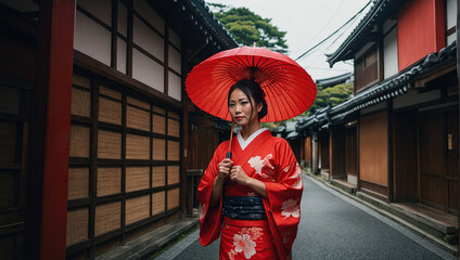Fototapeta premium Portrait of a beautiful attractive Asian woman in traditional Japanese clothing, kimono, with an umbrella