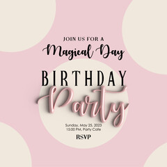 Invitation card for birthday party celebration. Banner with in pink pastel colours background, 3d. Birthday party announcement