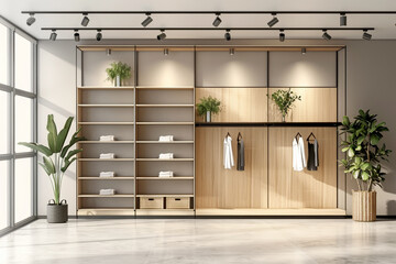 Modern minimalist interior of a home closet with wooden shelves and hangers