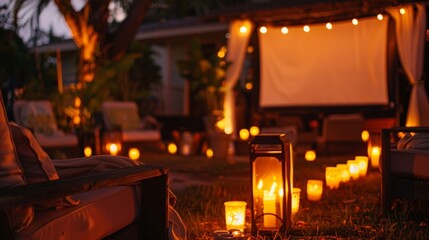 Fototapeta premium The charming setting of an outdoor movie night lit by the warm glow of candles and the fiery glow of a crackling fire. 2d flat cartoon.