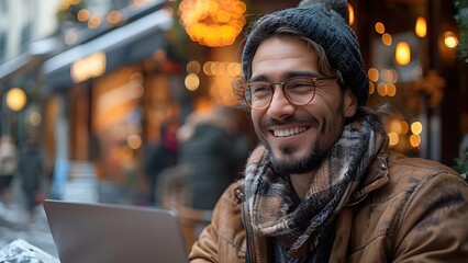 Man joyfully using laptop to shop online for Black Friday deals. Concept Black Friday Shopping, Online Deals, Laptop Usage, Shopping Excitement, E-commerce Experience