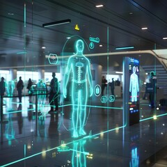 The new holographic checkpoint system in airports visually guides passengers through security with intuitive, glowing macro markers