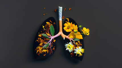 creative image of the lungs. one half with flowers and leaves, and the other black and with tobacco. concept of getting rid of bad habits world no tobacco day.