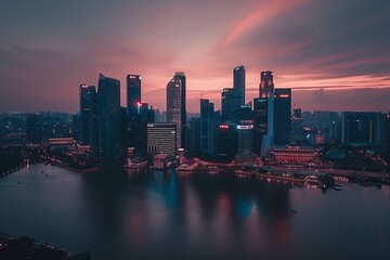 Fototapeta premium Vibrant sunset contemporary city skyline with majestic skyscrapers in silhouette