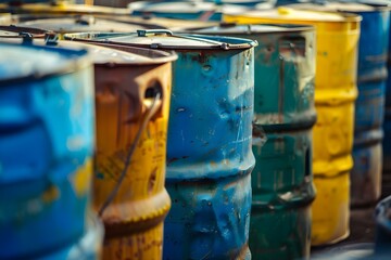 Barrels at hazardous waste disposal site show improper handling of toxic materials. Concept Hazardous Waste Disposal, Improper Handling, Toxic Materials, Environment Pollution, Barrels - obrazy, fototapety, plakaty