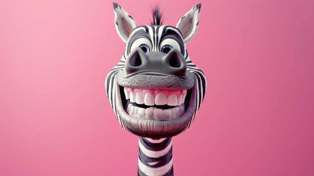 Caricature very big toothy wide of smiling Zebra, zebra with white smile looking at camera on pink background