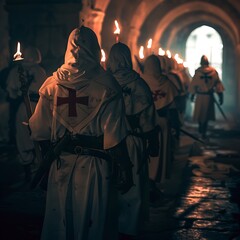 In a temple veiled in ancient darkness, lit only by the eerie glow of torchlight, a group of Templar knights, each adorned with the distinctive red cross pat&eacute;e insignia on their back.