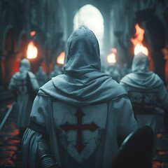 In a temple veiled in ancient darkness, lit only by the eerie glow of torchlight, a group of Templar knights, each adorned with the distinctive red cross patée insignia on their back. - obrazy, fototapety, plakaty