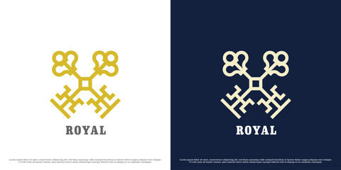 Royal key logo icon illustration. Silhouette of the royal door key crest imperial kingdom capital monarch majestic. Simple old vintage minimal design symbol abstract classic vintage.