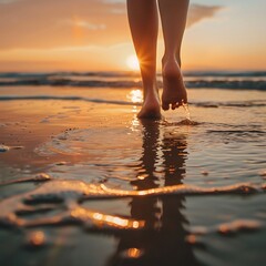 A girls feet walking on beach at sunset