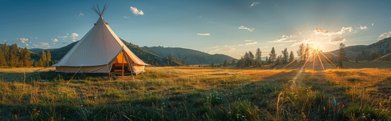 Fototapeta na wymiar Luxury Camping Tents in Serene Mountain Landscape - Outdoor Adventure and Nature Retreat