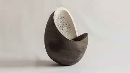 An abstract ceramic sculpture featuring a blend of clay and concrete showcasing the unique combination of rough and smooth textures..