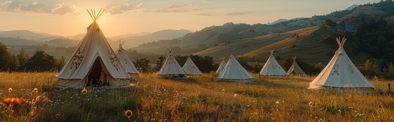 Luxury Camping Tents in Serene Mountain Landscape - Outdoor Adventure and Nature Retreat