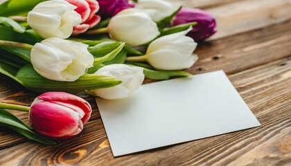 Tulip flowers with blank card on wooden background.Mother's celebration concept.