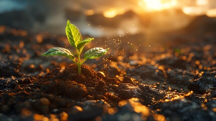 Plant sprouting on lunar soil.