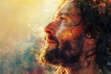 Artistic depiction of Jesus Christ in contemplation, his visage merging with a radiant palette of colors symbolizing divinity and enlightenment.

