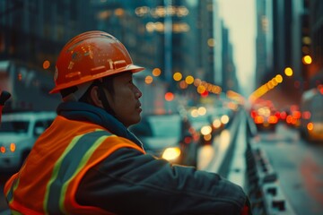 Focused construction worker overseeing a bustling city street, reflecting the vital role of labor in urban development.

