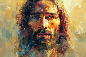 Artistic portrait of Jesus Christ with a modern expressionist style, a blend of strong emotion and vibrant color textures.

