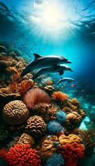 Vibrant underwater scene with dolphins swimming above a colorful coral reef, illuminated by sunlight streaming through water.