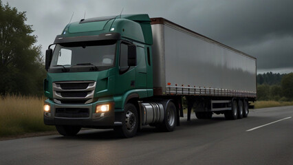 A powerful green semi-truck hauling a white trailer on a highway under moody skies.