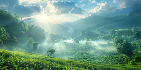 A beautiful tea plantation in the early morning, with sun rays through the fog at dawn. Beautiful natural scenery with mountains and tree