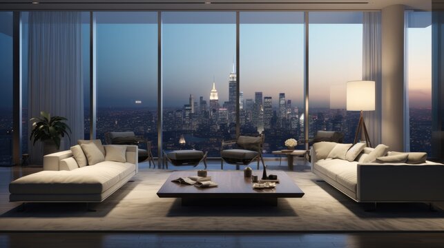A photo sleek and minimalist living room with floor-to-ceiling windows, offering panoramic views of a bustling futuristic cityscape, AI Generative