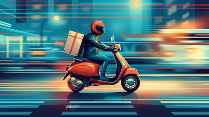 Fast Delivery. Courier riding a scooter at sunset in an urban environment. Concept illustration for delivery service, city transport, and fast-paced urban life.