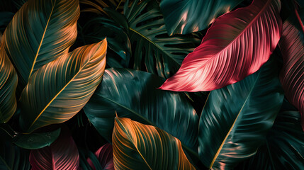Pink green  and golden tropical leaves