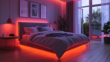 Smart bedroom with neon accents adjusts lighting based on sleep patterns for quality rest. Concept Smart Home, Bedroom Design, Lighting Automation, Sleep Technology, Neon Accents