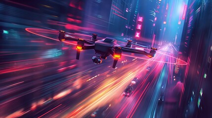 Drone flying over city streets with neon light trails. Cyberpunk delivery concept illustration for poster, banner, or wallpaper design with copy space.