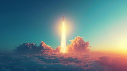 Rocket launch into sky at sunset. Space exploration and travel concept for poster and educational material, depicting innovation and technology.