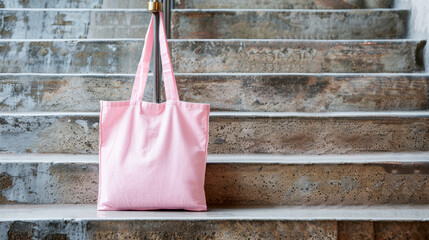 A blank pastel pink tote bag hanging from the handrail of concrete stairs - Powered by Adobe