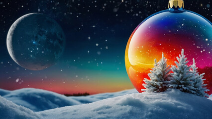 Naklejka premium A huge multi-colored New Year's ball lies on the snow against the backdrop of fir trees, a huge moon and a starry night frosty sky