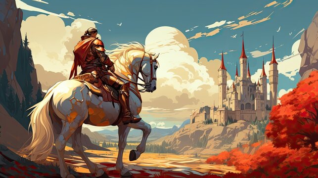 a image character design of a brave knight in shining armor riding on a white horse, with a red and gold color scheme against a medieval castle background, AI Generative