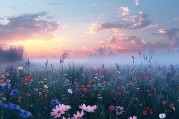 A tranquil meadow bathed in the soft glow of dawn, where wildflowers sway gently in the morning breeze