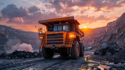 Powerful mining dump truck delivering bulk cargo at construction site. Concept Mining Equipment, Construction Site, Bulk Cargo Delivery, Dump Truck Operations, Heavy Machinery
