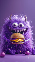cute purple  monster eating a cheese burger