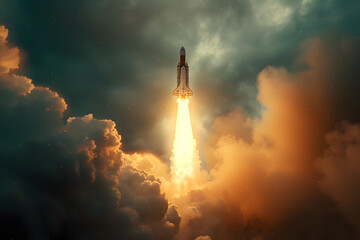 Rocket soaring through sunset sky amidst clouds and atmosphere