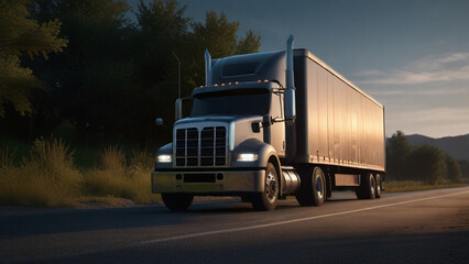 A sleek blue semi-truck with a shining trailer driving on a highway under the evening sky, emitting a sense of power and efficiency.